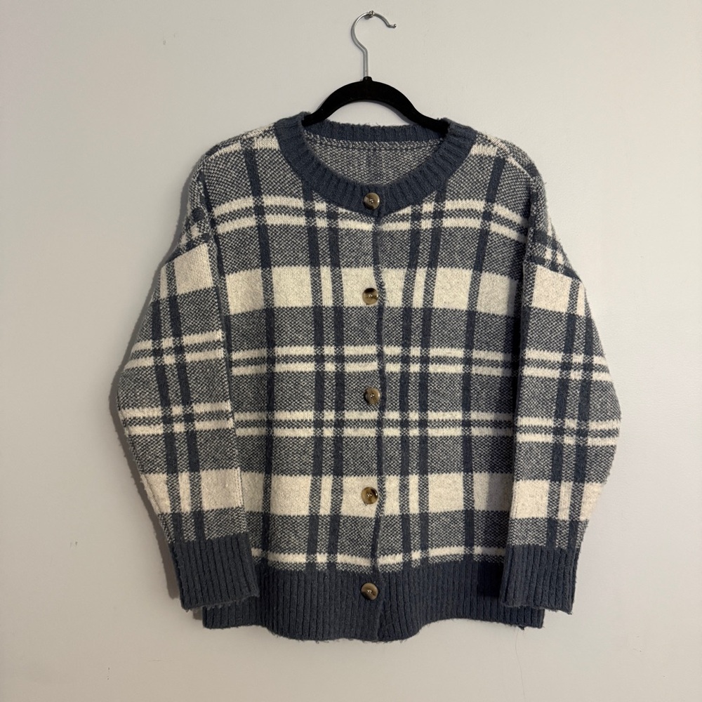 Vintage Blue Plaid Oversized Button-Up Cardigan